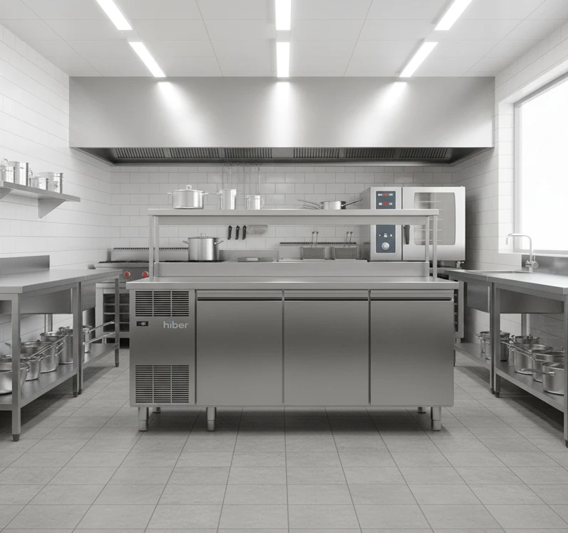 Ein silberner Kühltisch der Marke Hiber steht in einer hellen sauberen Küche.