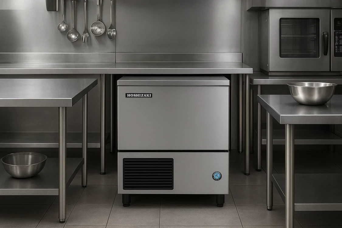 Eine silberne Eismaschine der Marke Hoshizaki in einer silbernen Küche.