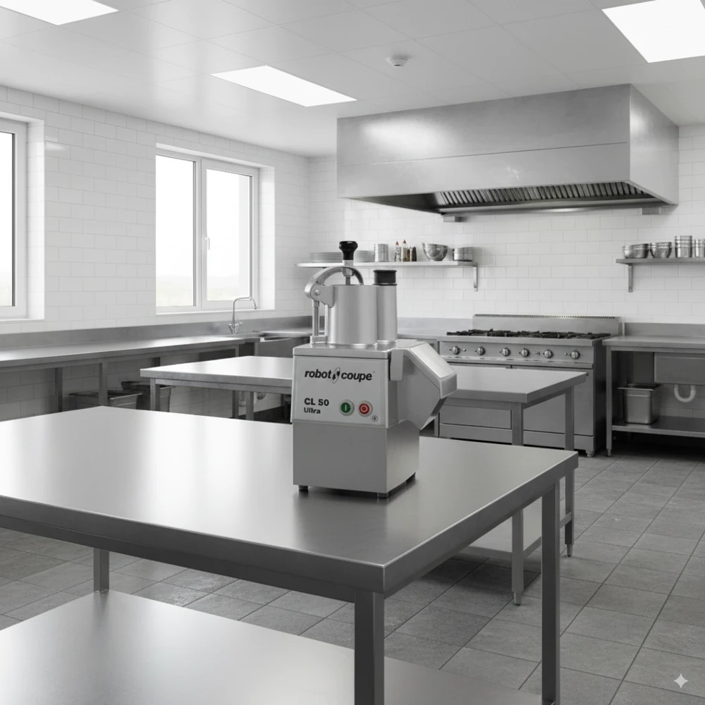 Eine Küchenmaschine der Marke Robot Coupet steht auf einem Edelstahltisch in einer hellen sauberen Küche.