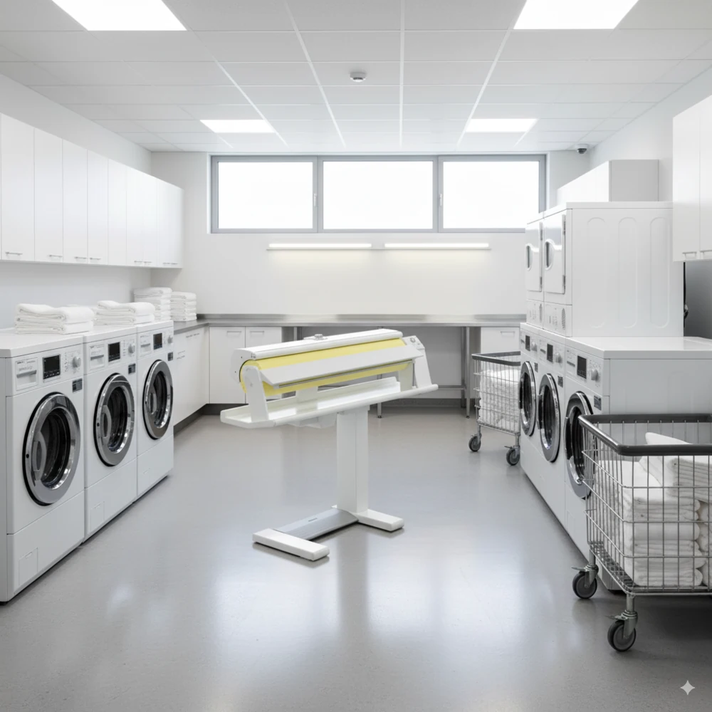 Eine weiß-gelbe Bügelmaschine in einer hellen Wäscherei in der sich Waschmaschinen und Trockner befinden.